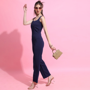 Navy Blue Square Neck Basic Jumpsuit
