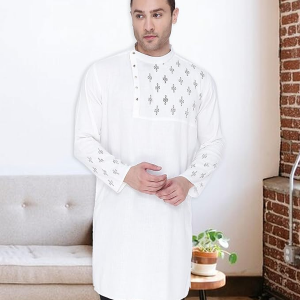Ivory Heritage Angrakha Slub Cotton Collar Long Kurta