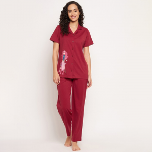 Women Maroon Printed Night suit